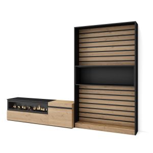 Muebles de salón, 260x35x186cm, roble y negro, chimenea eléctrica rf2536