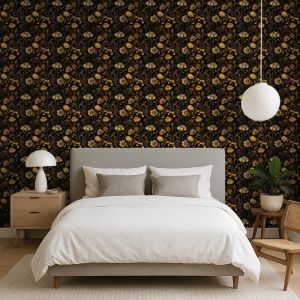 Papel floral diseño elegante flores amarillas fondo negro 60cm por 250cm