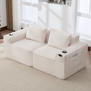 Sofá modular de 2 plazas pana beige con portavasos y bolsillos laterales