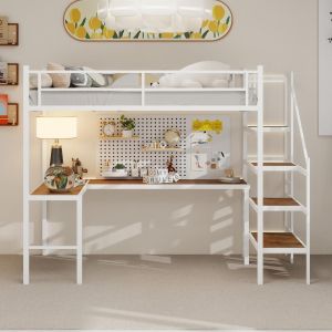 Cama loft 90x190cm con escritorio en l, almacenaje, estantes, blanca