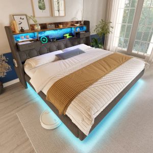 Cama tapizada 140x200cm con LED y usb, cabecero con almacenaje, lino – gris