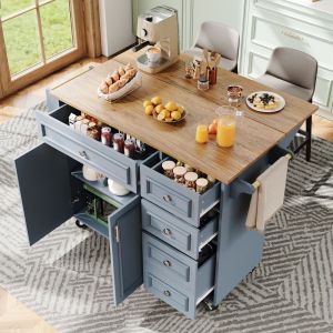 Isla de cocina con mesa abatible y almacenaje azul 92x110x45-75cm