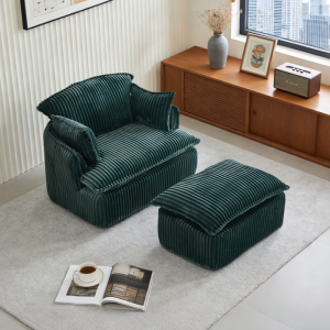 Sillón modular verde de vellón con otomana para salón y dormitorio