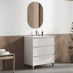 Mueble de baño lavabo cerámico | 3 cajones | 80 cm blanco brillo tir. Cromo