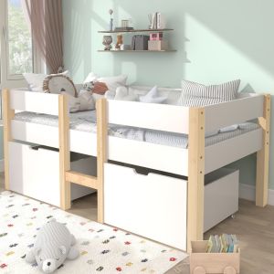 Cama semialta 90x200cm con cajones y protector madera maciza – blanco