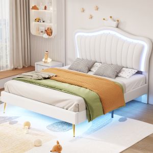 Cama tapizada 140x200cm con LED y cabecero ajustable pu – blanco