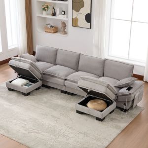 Sofá modular 4 plazas pana gris claro con 2 otomanas usb y bolsillos