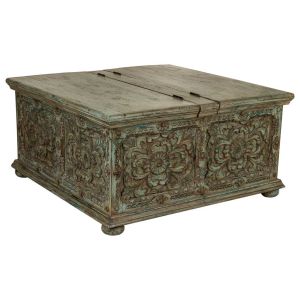 Mesa baul de centro de madera artesanal azul 100x100x47