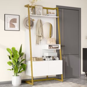 Mueble recibidor con espejo ganchos y zapatero blanco 180,5x78x38,5cm