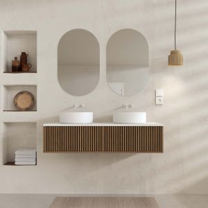 Mueble de baño 120 - 2 cajones roble y negro - lavabos ø36 - espejos ovales