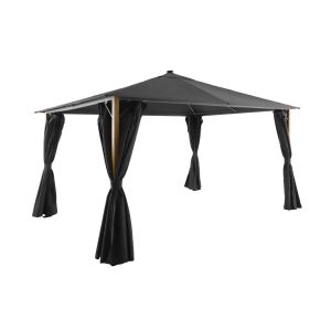 Gazebo de jardín 3x4m de aluminio efecto madera con cortinas y LED