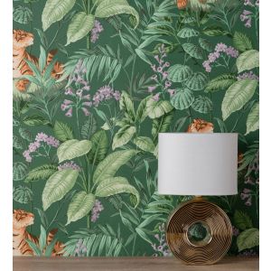 Papel pintado gaulan  de tigres y hojas tropicales  verde con 5.23m²