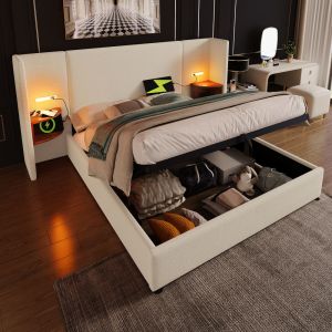 Cama tapizada 180x200cm con canapé hidráulico y lámpara lino – beige
