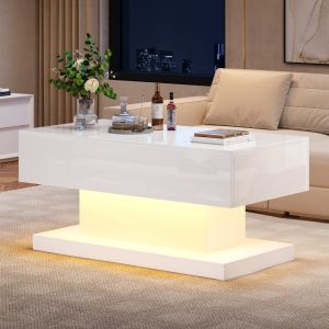 Mesa de centro con LED elevable y deslizante blanco 45x100x50cm