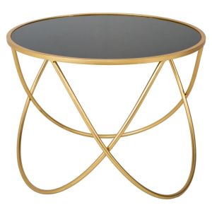 Mesa auxilar redonda de metal dorado con superficie de cristal d60x45
