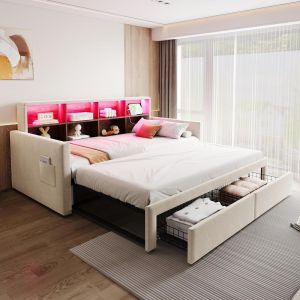 Cama extensible 90x190cm a 180cm, con LED usb, 2 cajones, beige