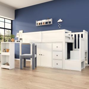 Cama alta 90x200cm con escritorio, armario, cajones y escalera, blanco