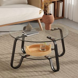 Mesa de centro redonda de 2 niveles metal negro con vidrio para salón