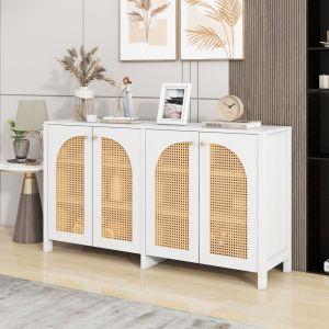 Aparador para salón comedor 4 puertas blanco con ratán sintético