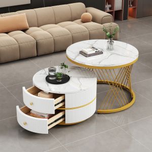 Mesa de centro nido redonda con 2 cajones blanco 46x60x60cm