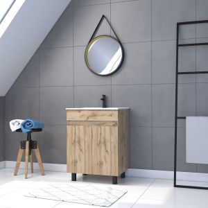 Mueble baño 60cm roble + lavabo blanco + espejo barbero