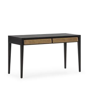 Escritorio 140x55x80 madera negro, ratan natural