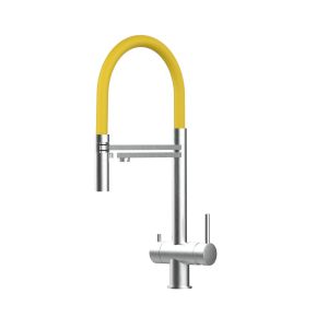 Grifo cocina 3 vías acero inox ducha 2 chorros amovible, cepillado/amarillo