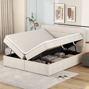 Cama tapizada 140x200cm con canapé hidráulico, madera y mdf – beige