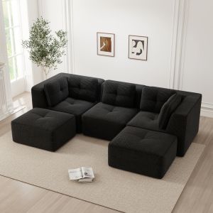 Sofá en u modular pana negro 3 plazas otomana asiento profundo