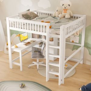 Cama alta 140x200cm con escritorio y 3 cajones madera – color blanco