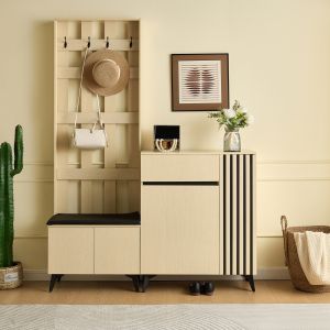 Mueble recibidor con banco y zapatero madera clara