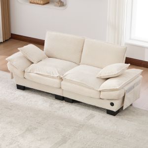 Sofá 2 plazas pana beige con usb y bolsillos laterales
