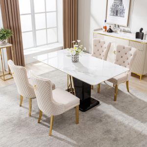 Silla de comedor terciopelo beige set 4 con aro y patas doradas