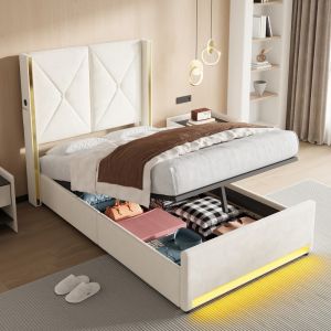 Cama de terciopelo 90x200cm con almacenaje LED carga usb-c