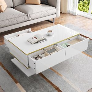 Mesa de centro con LED y 3 cajones blanco dorado 40x100x50cm