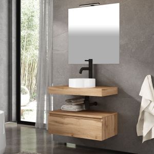 Mueble baño, lavabo, espejo y aplique LED muro 100x45cm roble 1 cajón sus.