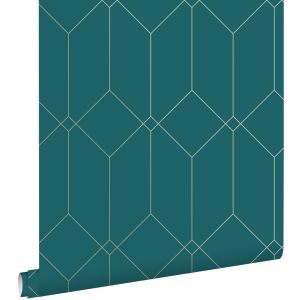 Estahome papel pintado arte deco oro, verde y azul 53 cm x 10.05 m