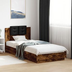 Cama cabecero luces LED roble ahumado 100x200 cm reg7803
