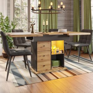 Mesa de comedor extensible con LED mdf negro y natural 75x110 a 140x80cm