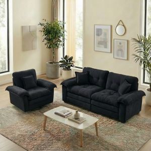 Conjunto sofás tapizados negro 1 y 2 plazas con cojines