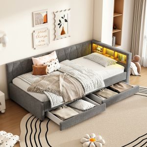 Cama tapizada 90x200 cm con LED, usb-c y 2 cajones lino – color gris