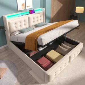 Cama tapizada 140x200cm LED usb canapé algodón lino beige con colchón