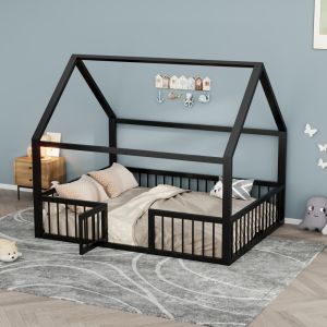 Cama infantil 140x200cm con barandilla y techo metal – color negro