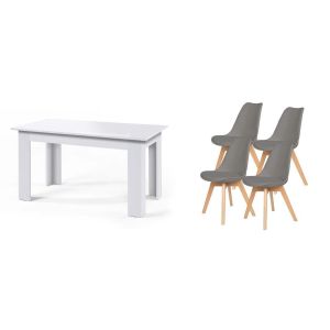 Pack mesa fija de comedor o cocina blanco + 4 sillas nordic gris