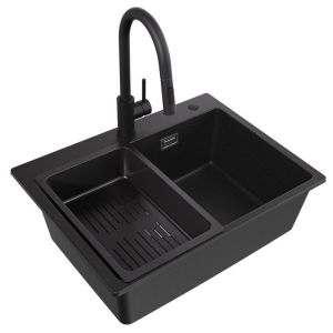 Fregadero de cocina de granito 60x45cm con canasta de drenaje y grifo extra