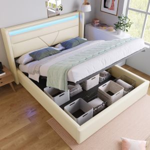 Cama tapizada 140x200cm con canapé y LED pu – color blanco