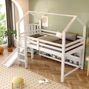 Cama alta 90x200cm con tobogán, escalera y almacenaje madera y mdf – blanco