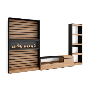 Muebles salón, 320x35x186cm, roble y negro, chimenea eléctrica xxl rf2597
