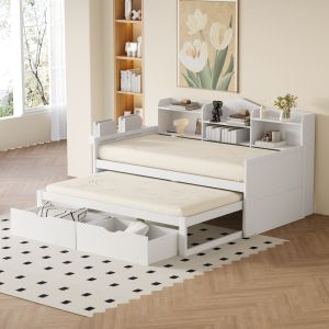 Sofá cama 90x200 cm con cama nido, cajones y usb madera – color blanco