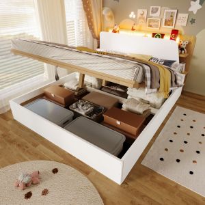 Cama doble con canapé 140x200cm con LED y usb-c pino – blanco y natural